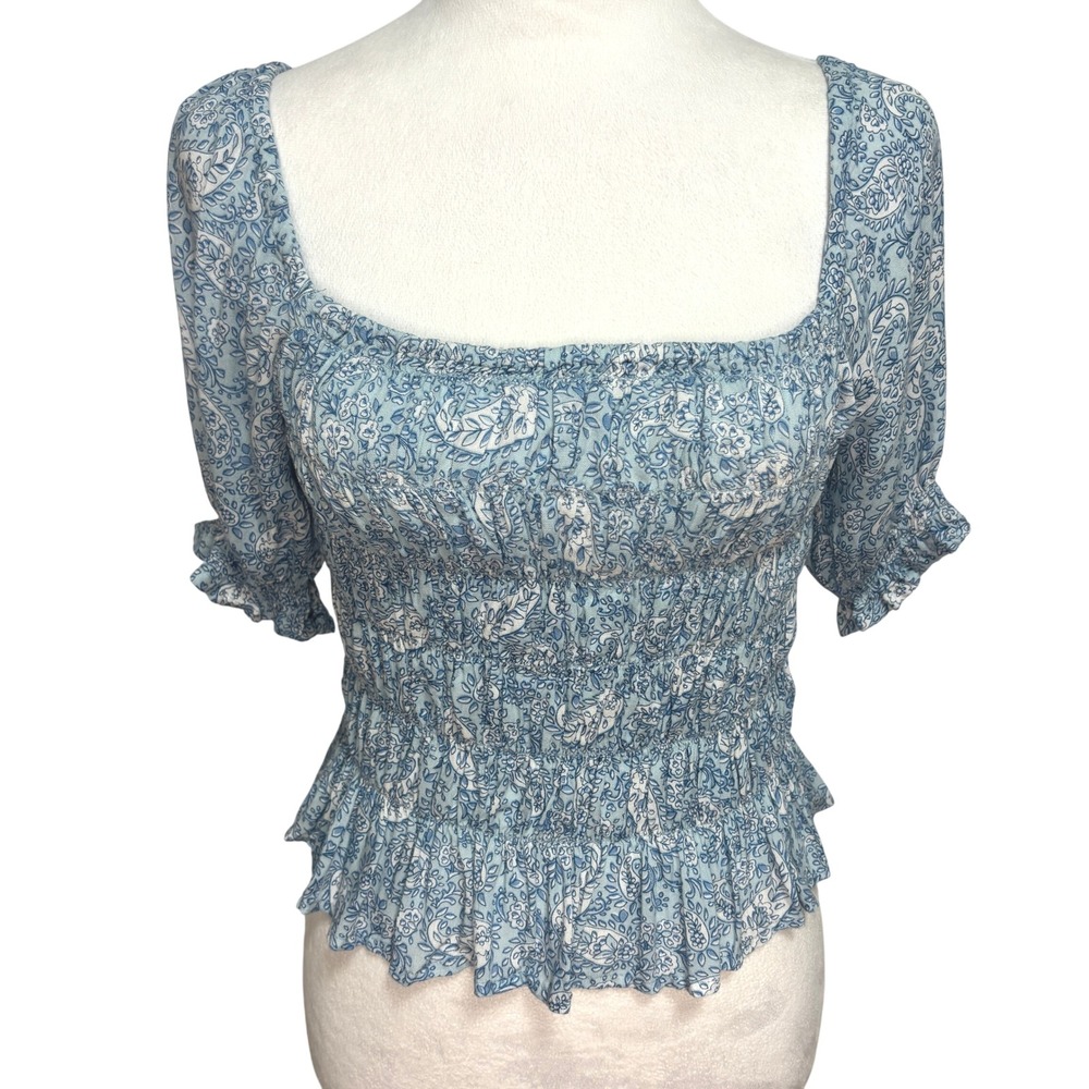 Patrons of Peace Top Blue Floral Smocked Cropped Peasant Boho Cottage Festival M